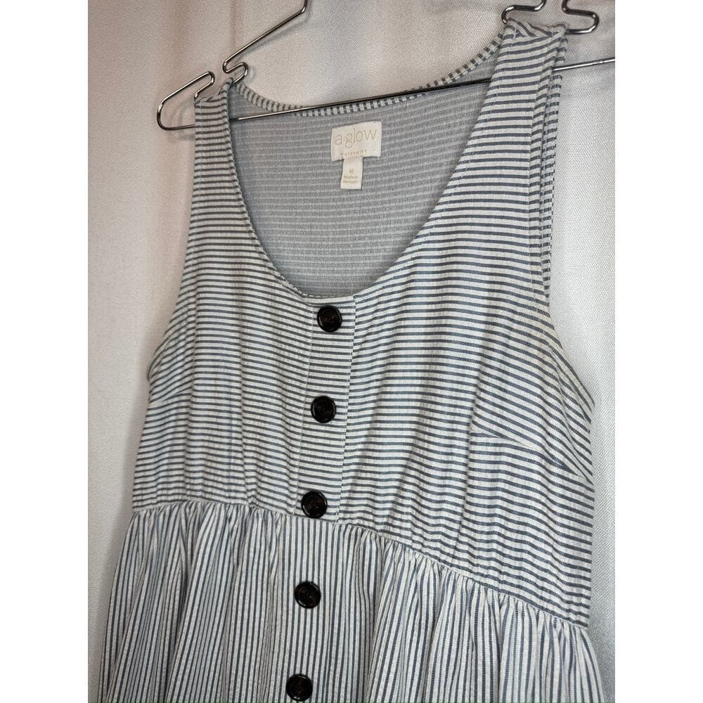 376. A Glow Maternity Blue White Striped Button Front Dress Size M