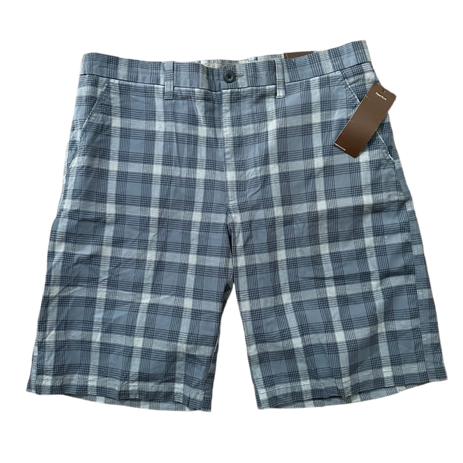PERRY ELLIS SHORTS MENS 36W BLUE Marine PLAID New W Tag Ret $60