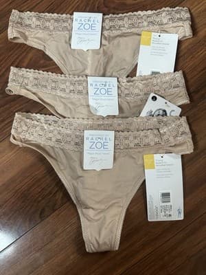 3 RACHEL ZOE Jockey Women’s Small Thong Panties Beige Microfiber Stretch