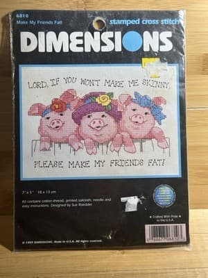 Vintage Dimensions Stamped Cross Stitch Kit Skinny/Make My Friends Fat 6810 Pigs