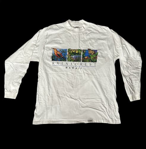 Men’s XL Rainforest Crazy Shirts White Hawaii Nature Long Sleeve T-Shirt