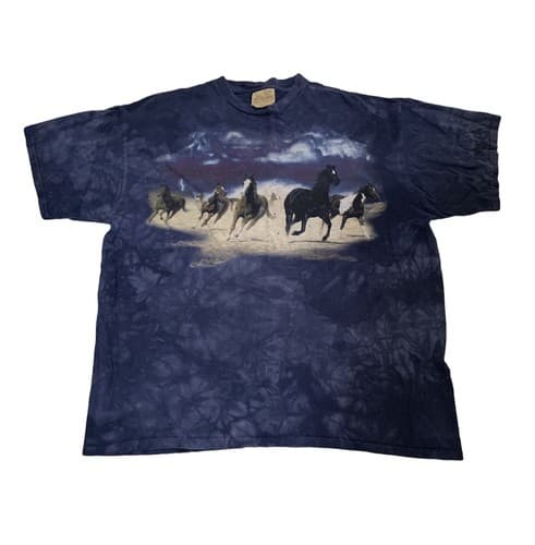 Vintage 90s The Mountain Tie Dye Wild Horses Running T Shirt Blue Sz XL USA