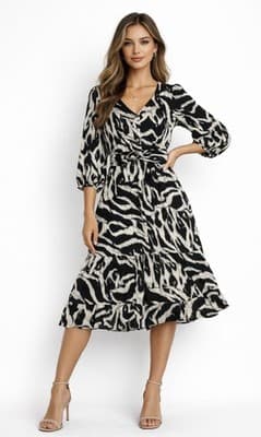 Luxology Dress Womens Small Black White Belted Tiered Boho Midi Puff NEW Animal