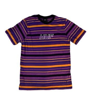 Y2K Huf Striped Multi-Color Mens Large Embroidered Multicolor T-Shirt Purple