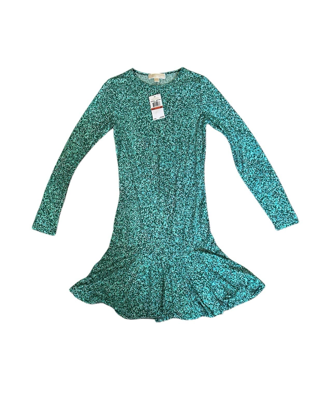 NWT MICHAEL KORS Rain Print Flare Jersey Dress Pepper Green XS Stretchy