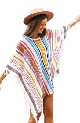 Cupshe Womens Rainbow Stripe Poncho Sweater One Size Beach Cover Up Fringe Boho
