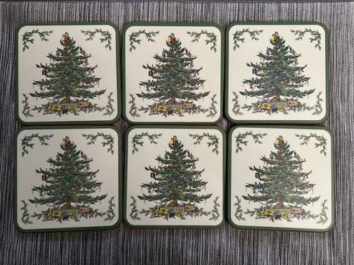 Pimpernel England Coasters White Christmas Tree Square Cork Back Set of 6