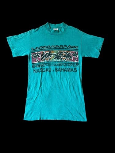 Vintage 70s Tshirt Nassau Bahamas Paper Thin Medium Fits Small Green Graphic