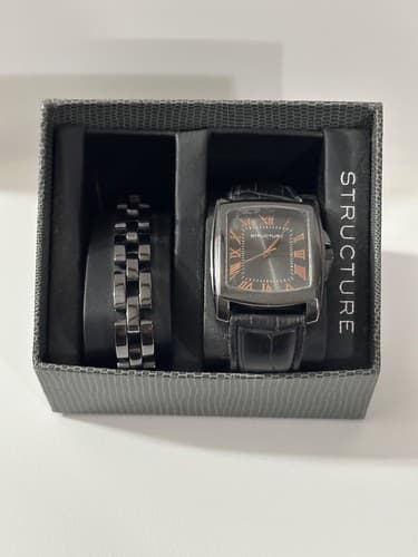 MEN'S STRUCTURE ANALOG QUARTZ WATCH BLACK STRAP RECTANGLE DIAL Needs Battery