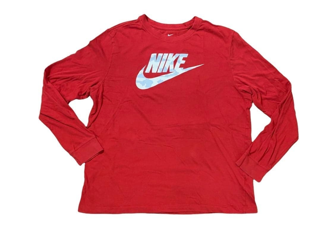 Mens Red Nike Long Sleeve w Camo Swoosh spell out Logo