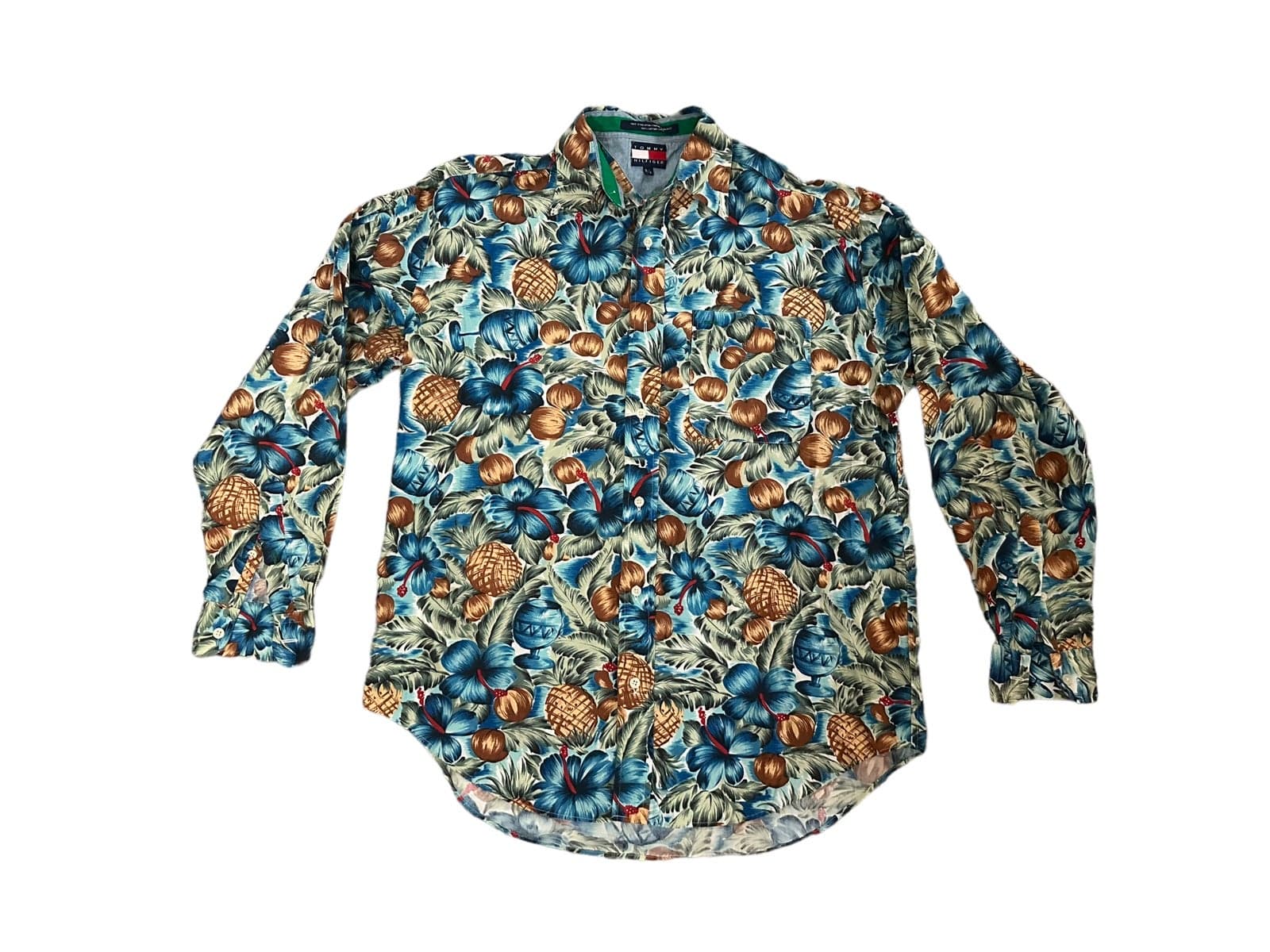Tommy Hilfiger Hawaiian Tropical Shirt Buttoned Long Sleeve Mens Medium Vtg