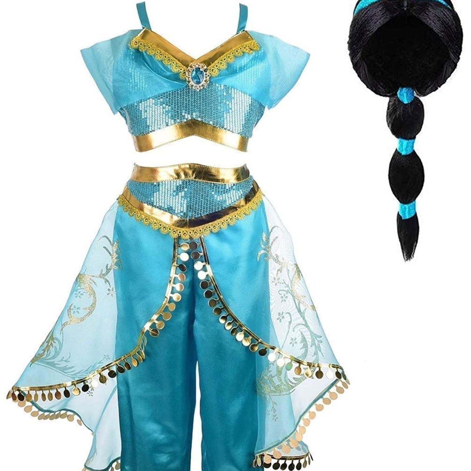 Girls Princess Halloween Costume with Wig dress up teal and gold