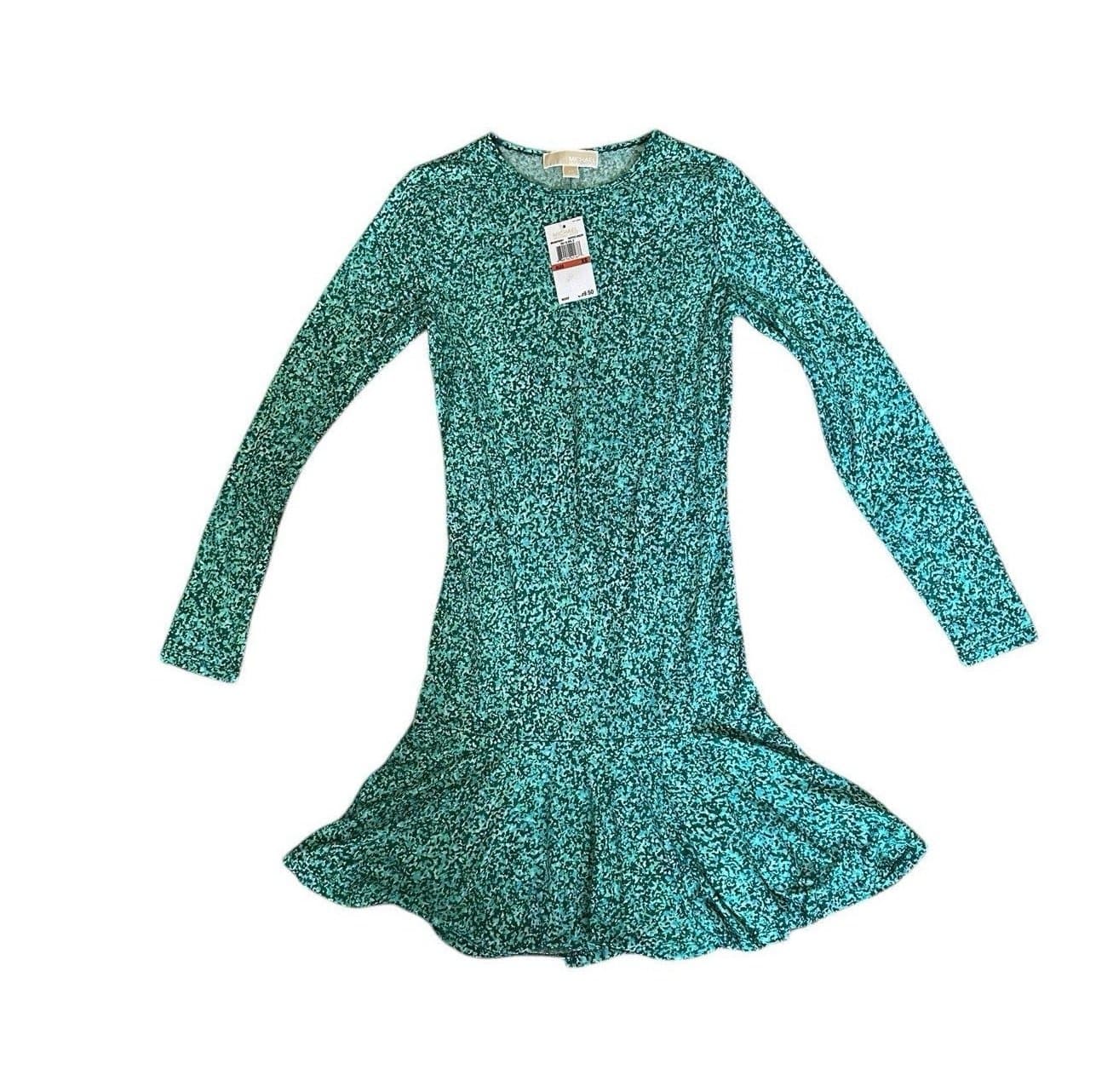 NWT $99.50 MICHAEL KORS Rain Print Flare Jersey Dress Pepper Green XS Easter