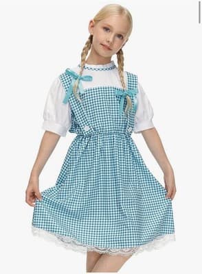 👗 Girls Halloween Costume – Blue Gingham Dress + Matching Ribbon 👗 Size: 5–6