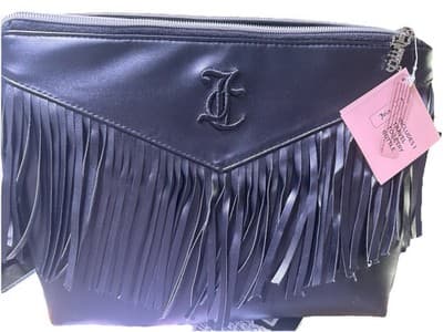 Juicy Couture Black Faux Leather Fringe Cosmetic Bag Pouch Travel Organizer