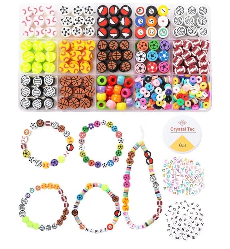 600 Pieces Sports Ball Polymer Clay Beads Kit with Alphabet Beads and Crystal St