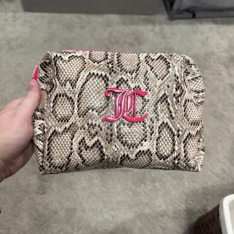 Juicy Couture Faux Snakeskin Pouch with Hot Pink JC Logo and Zipper Detail