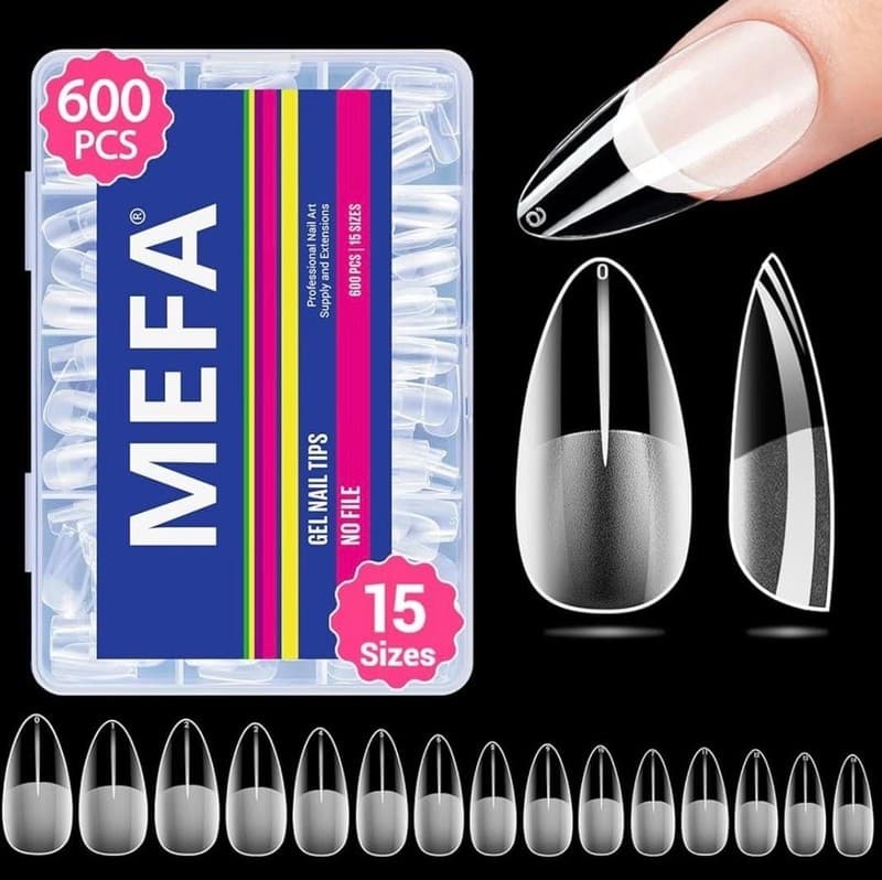 MEFA 600 Pieces Short Almond Soft Gel Nail Tips 15 Sizes