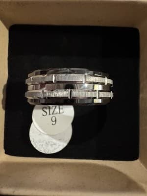 Men's Stainless Steel Band Ring – Gear Edge Des, Brushed Silver Finish, Size 9