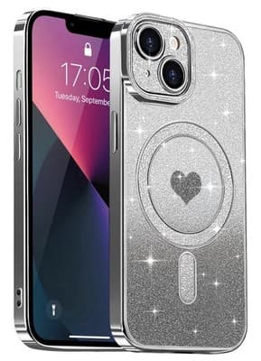 Bling Magnetic Heart Phone Case Compatible with Iphone 13, Luxury Love Silver
