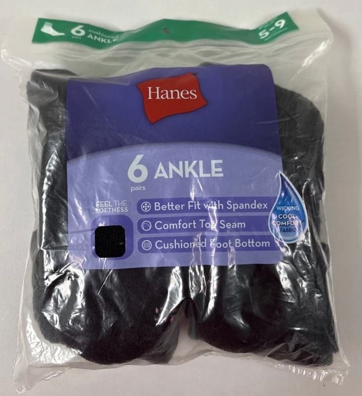 Hanes Women's Cushioned Ankle Socks, 6 Pairs, Black, Shoe Size 5-9