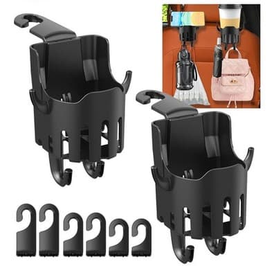 2PCS Multifunctional Car Cup Holder & Headrest Hooks – Back Seat Organizer