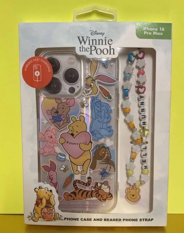 Disney Winnie the Pooh iPhone 16 Pro Max Case and Beaded Phone Strap Set
