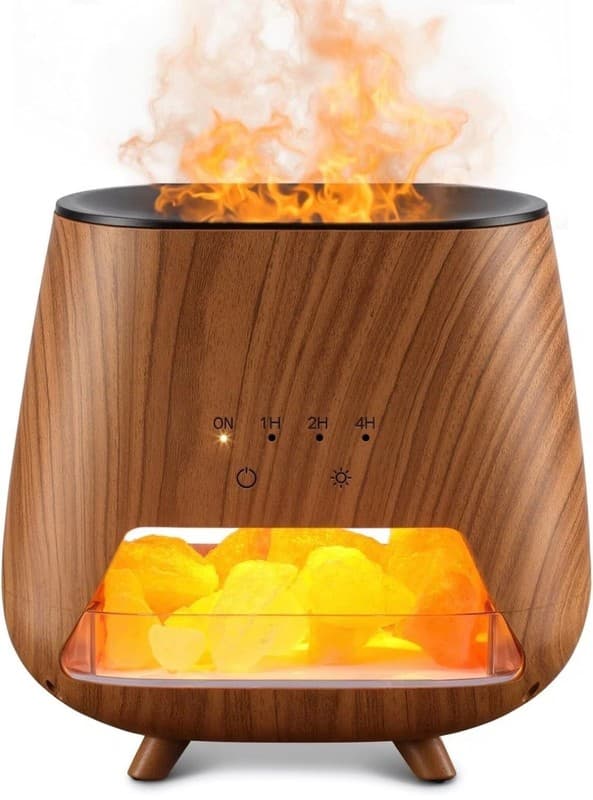 4-in-1 Wood Grain Aroma Diffuser and Himalayan Salt Lamp with Flame Effect Mist
