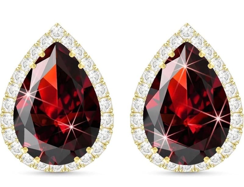 Linawe 14K Gold Plated Red Teardrop Stud Earrings with Cubic Zirconia Halo