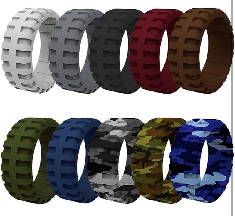 Mens 9mm Wide Tire Pattern Silicone Wedding Band 10 Piece Set