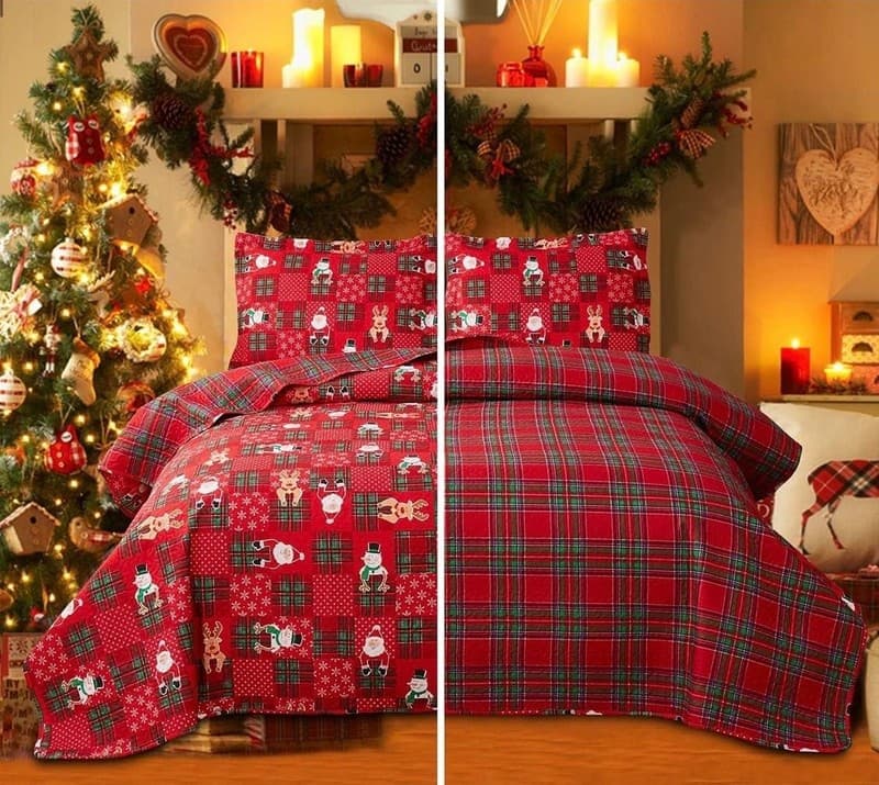 King Size 3-Piece Christmas Patchwork Quilt Set, Santa Snowman Reindeer Plaid Re