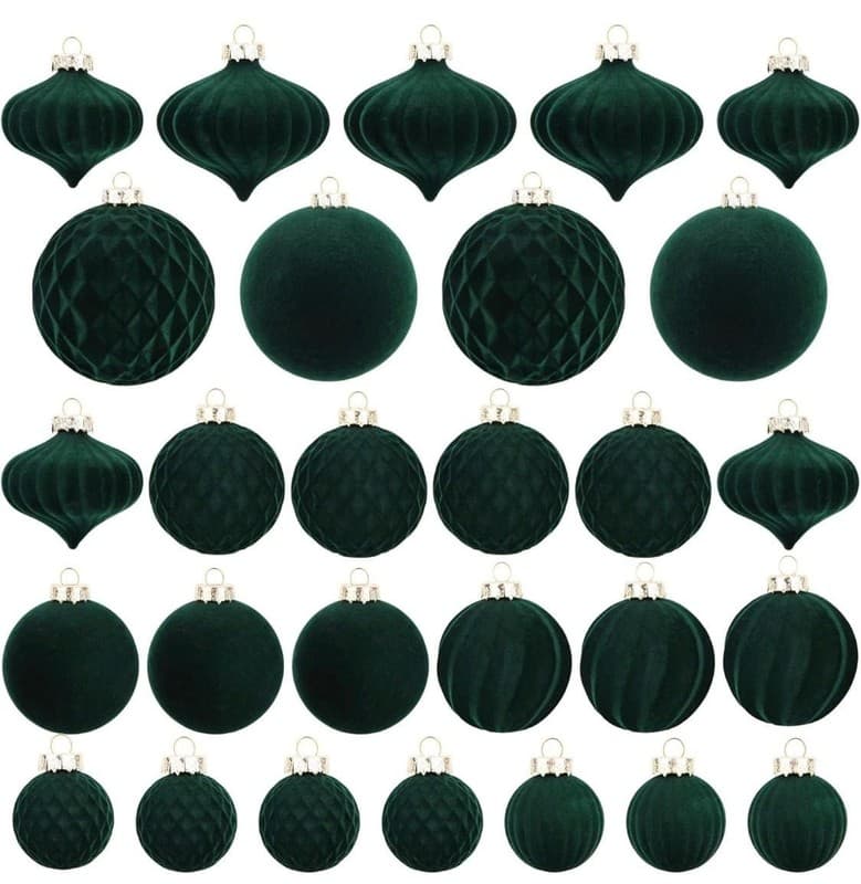 28pcs Dark Green Flocked Velvet Christmas Ornaments Set, Shatterproof Assorted S