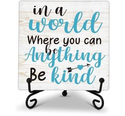 Inspirational Wood Plaque – “In a World… Be Kind” – 5x5 Decor with Iron Stand