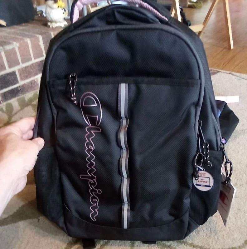 Champion Center Backpack Black and Pink with 17-Inch Laptop Sleeve