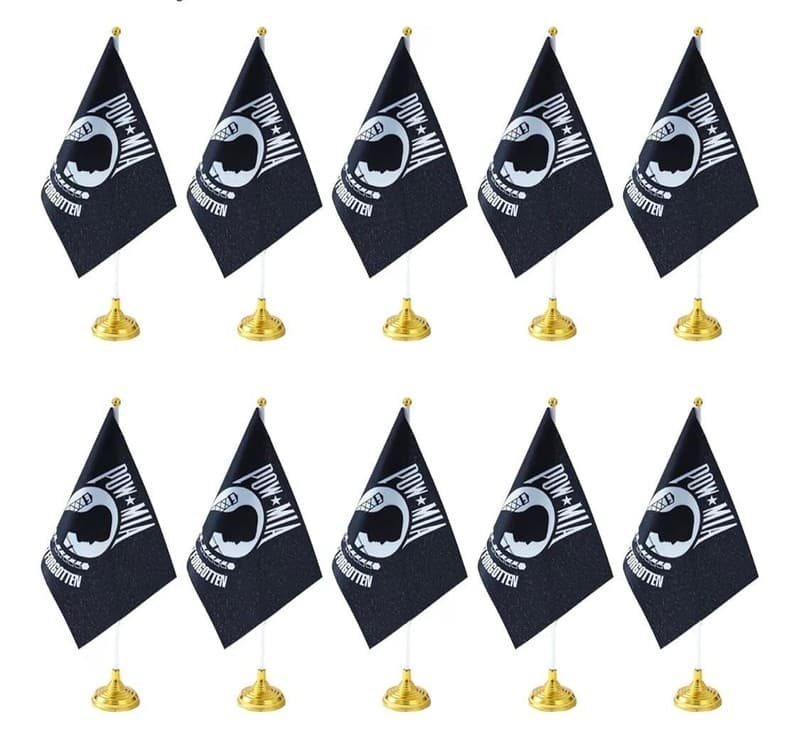 WXTWK 10 Pack POW MIA Desktop Table Flags with Golden Bases, 5.5 x 8.2 Inch Mini