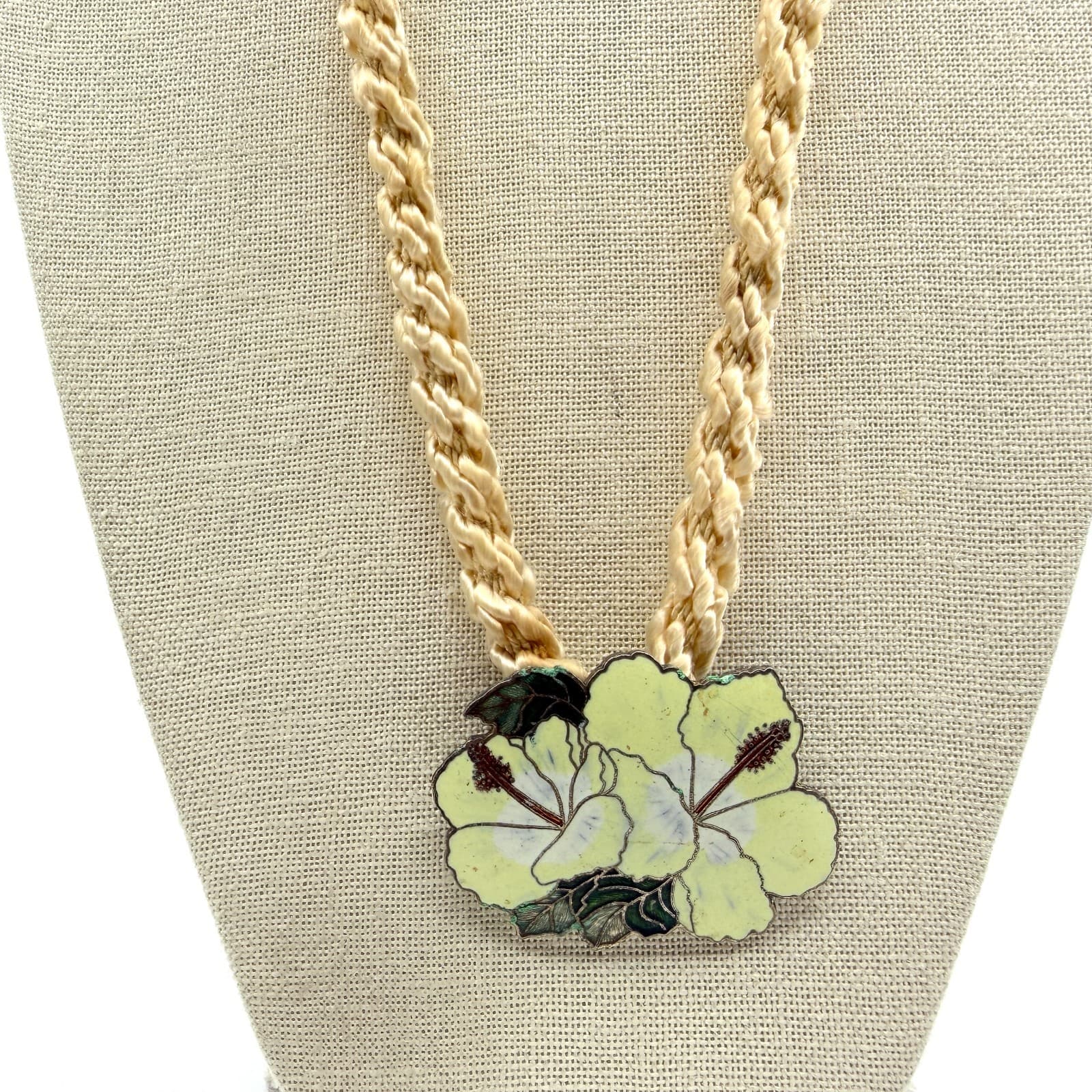 Vintage Cloisonne Enamel Flower Necklace Hibiscus Pendant Satin Silk Cord Boho