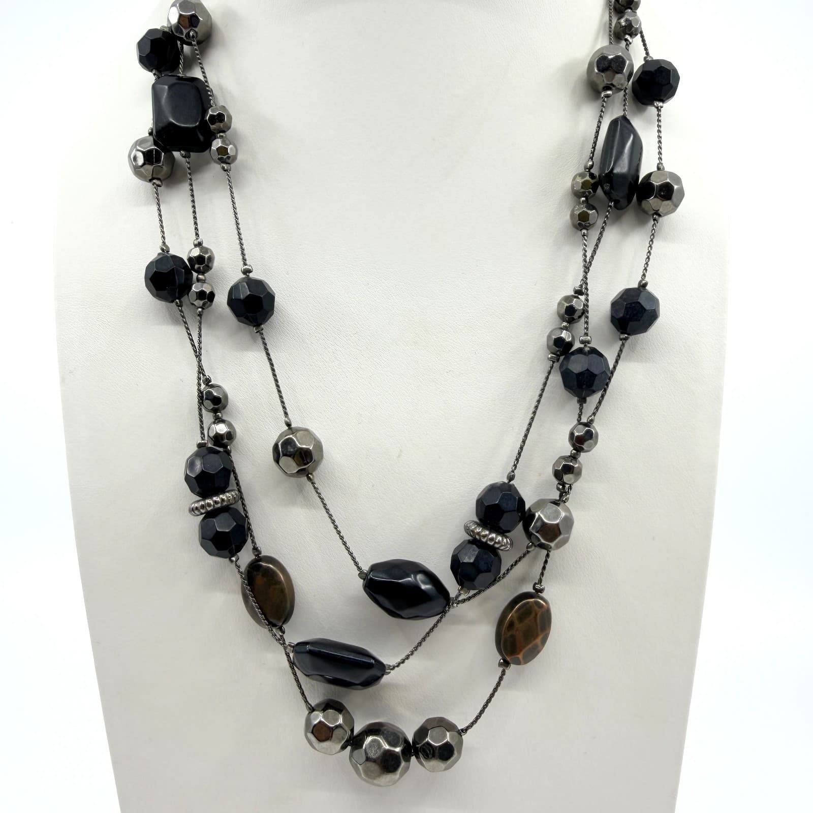 Vintage Gunmetal Tone Layered Necklace Multi Strand Black Onyx Color Bead Boho