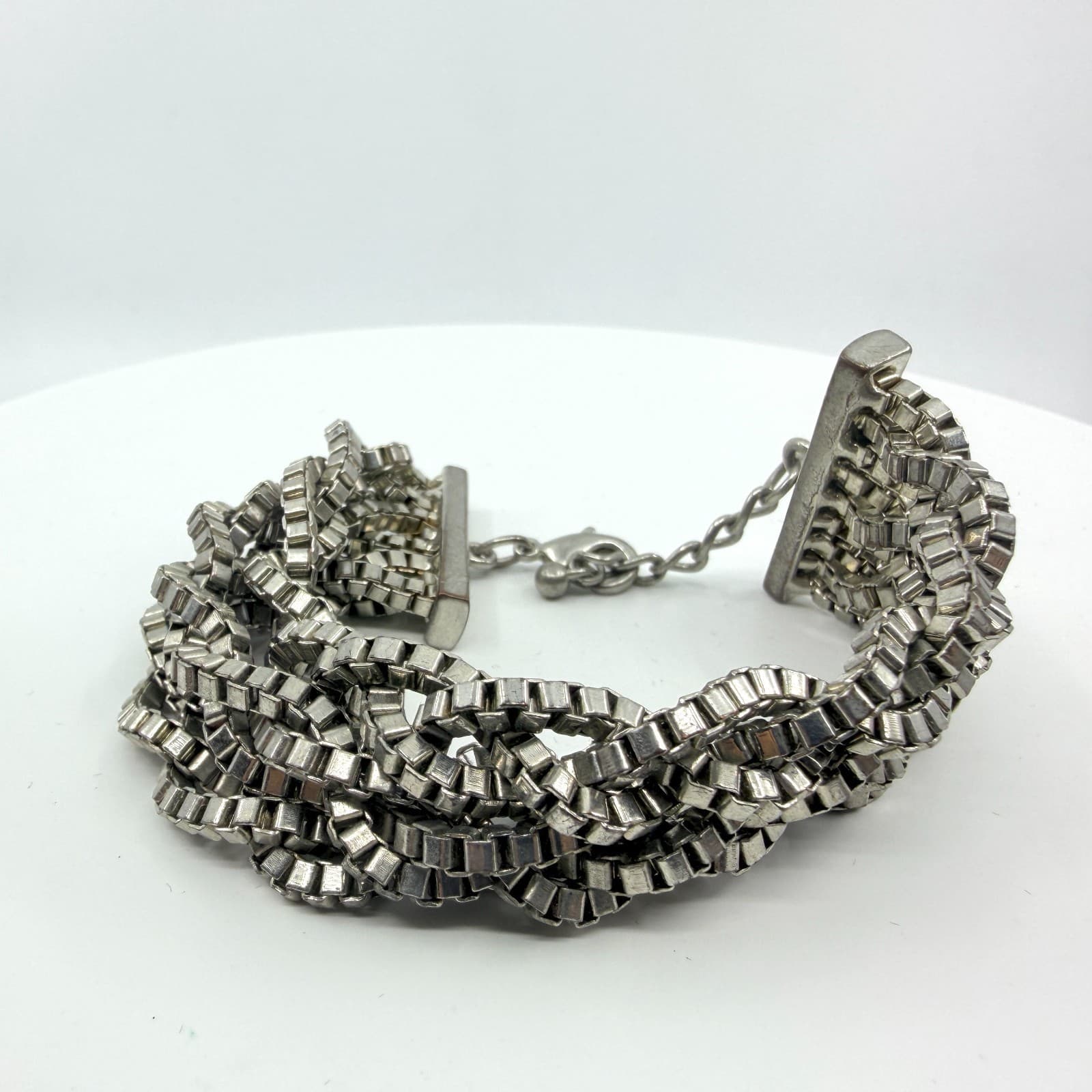 Vintage Y2K Silver Tone Multi Strand Braided Box Chain Chunky Statement Bracelet
