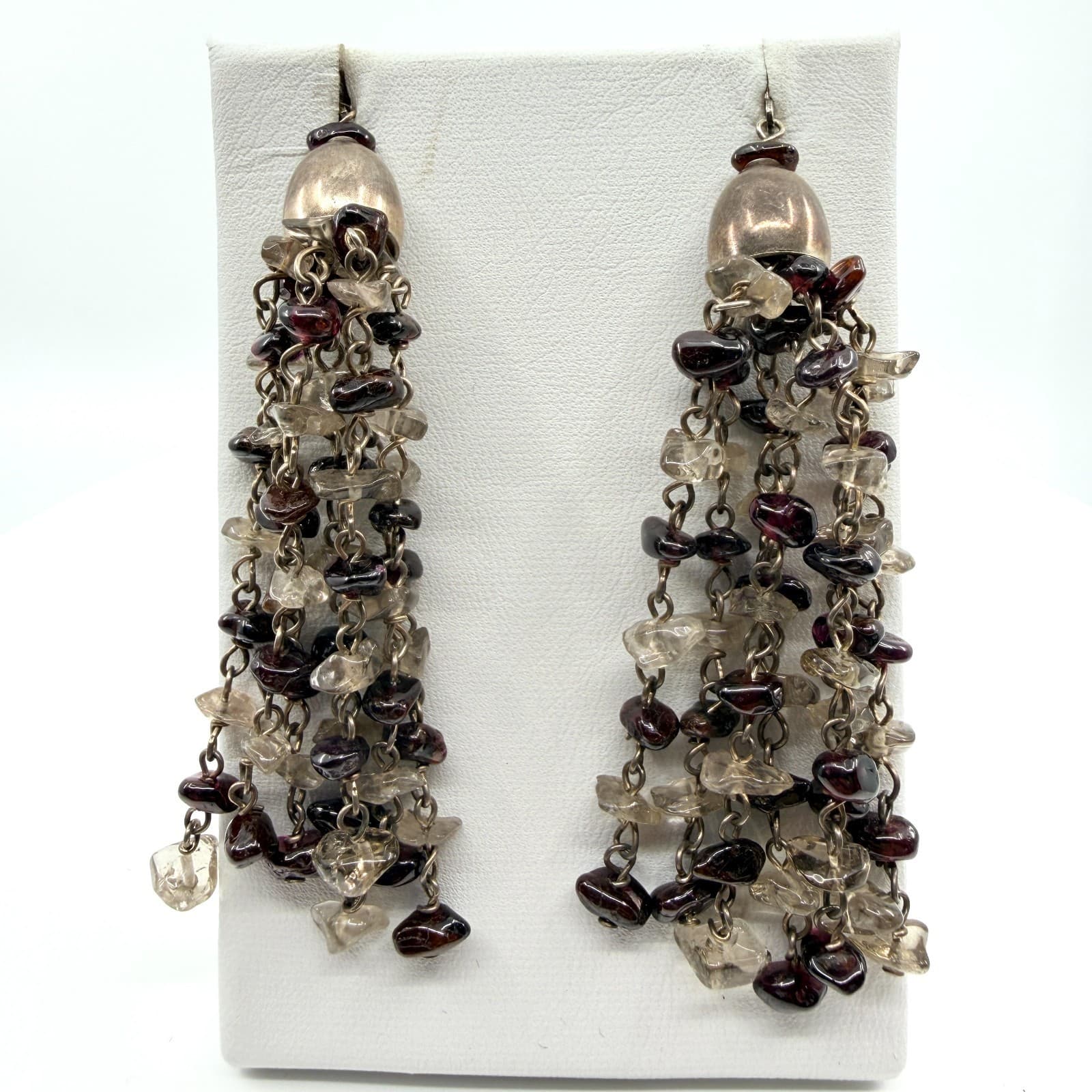Vintage Silver Tone Chandelier Tassel Earrings Garnet Color Smoky Chip Dangle
