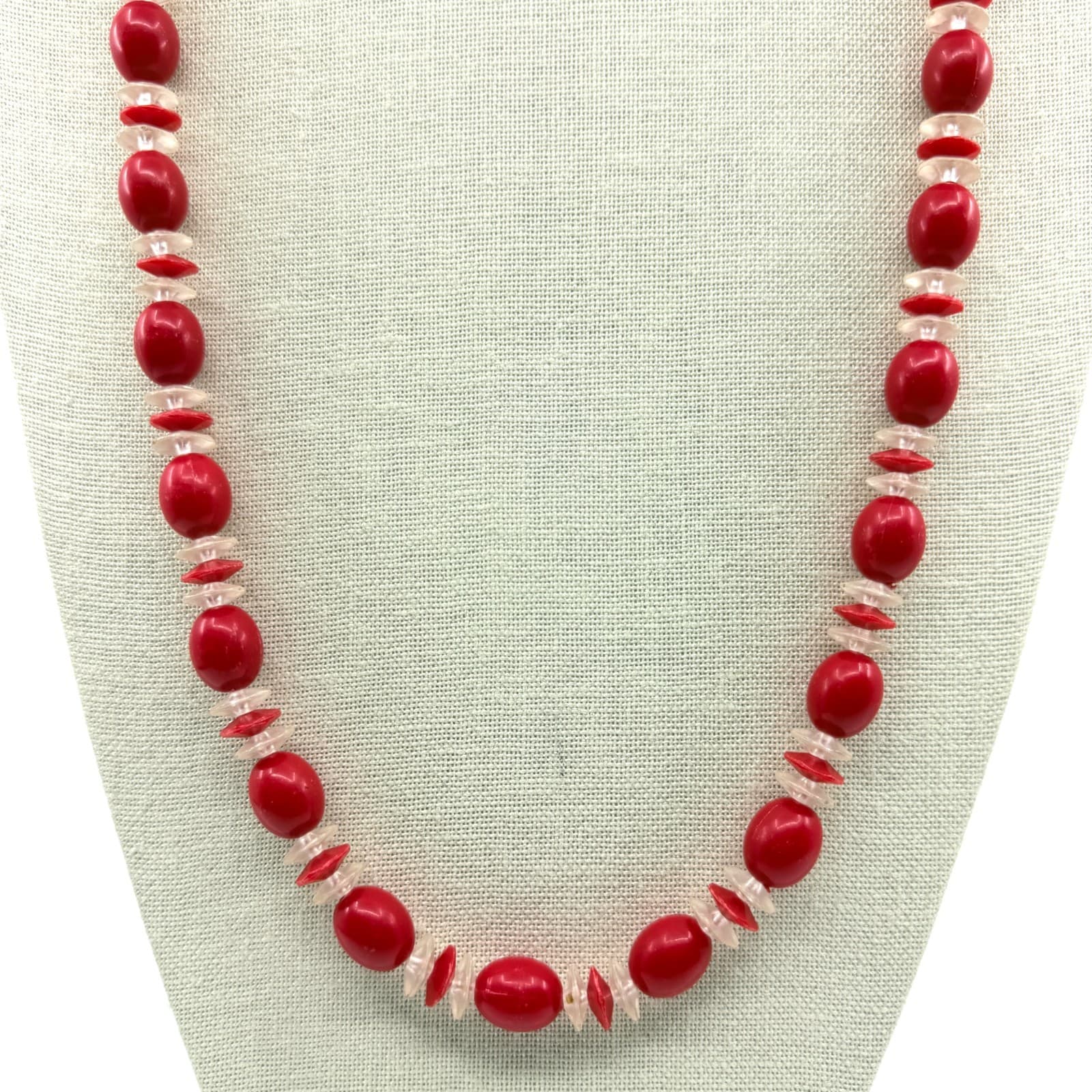 Vintage Long Coral Color Bead Necklace Red Oval Spacer Strand Opera Flapper Boho