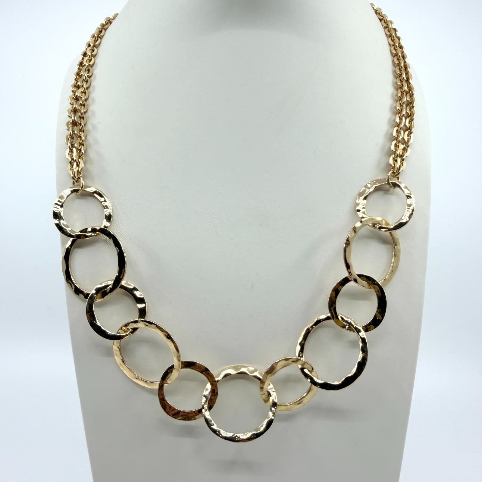 Vintage Gold Tone Link Chain Necklace Hammered Geometric Circle Ring Statement
