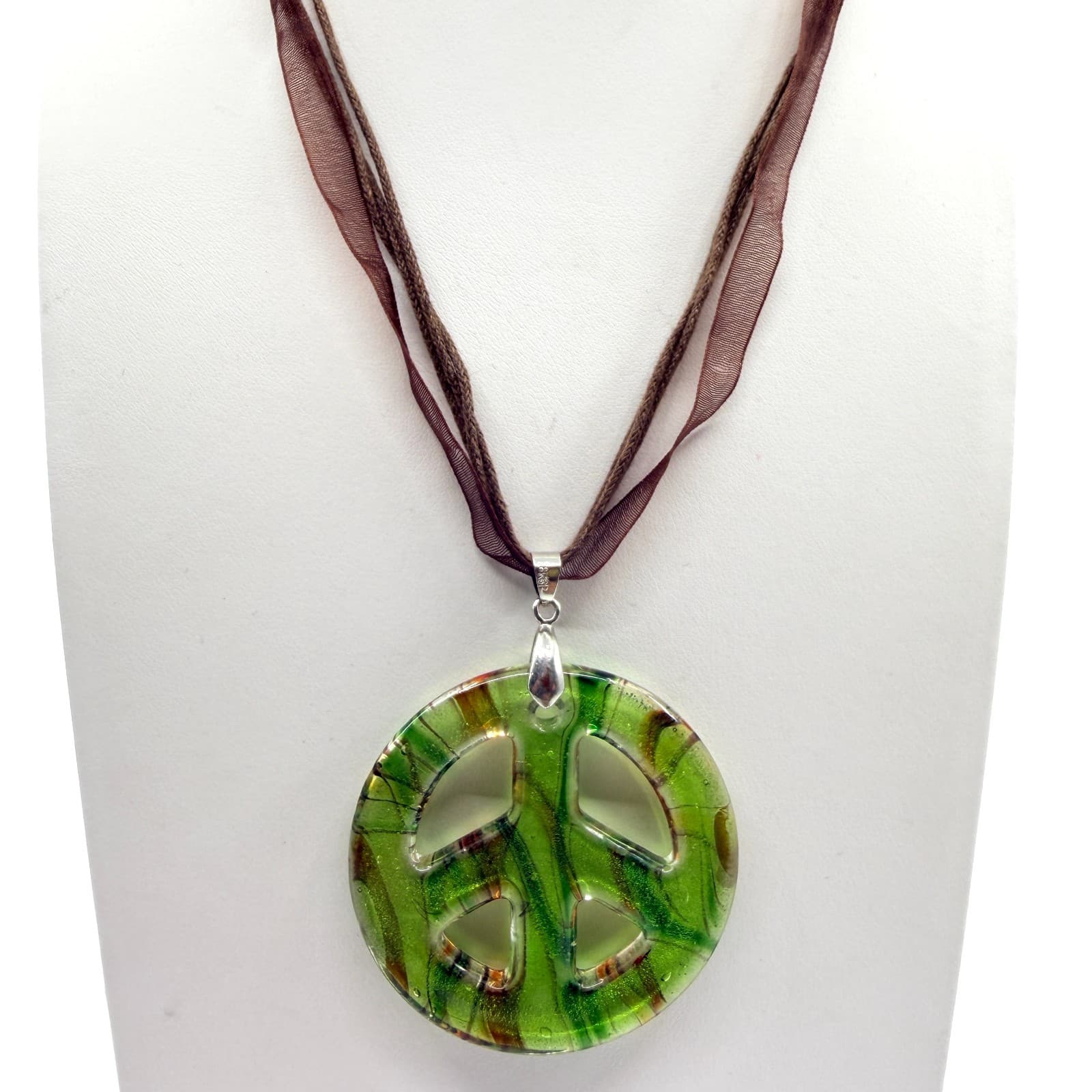 Vintage Green Art Glass Peace Sign Necklace Dichroic Pendant Ribbon Cord Boho