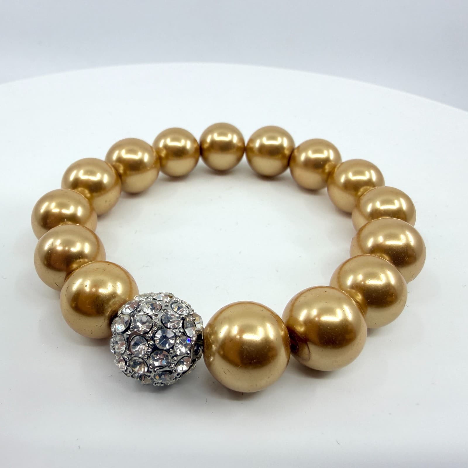 Vintage Gold Tone Faux Pearl Stretch Bracelet Rhinestone Disco Ball Bead Chunky
