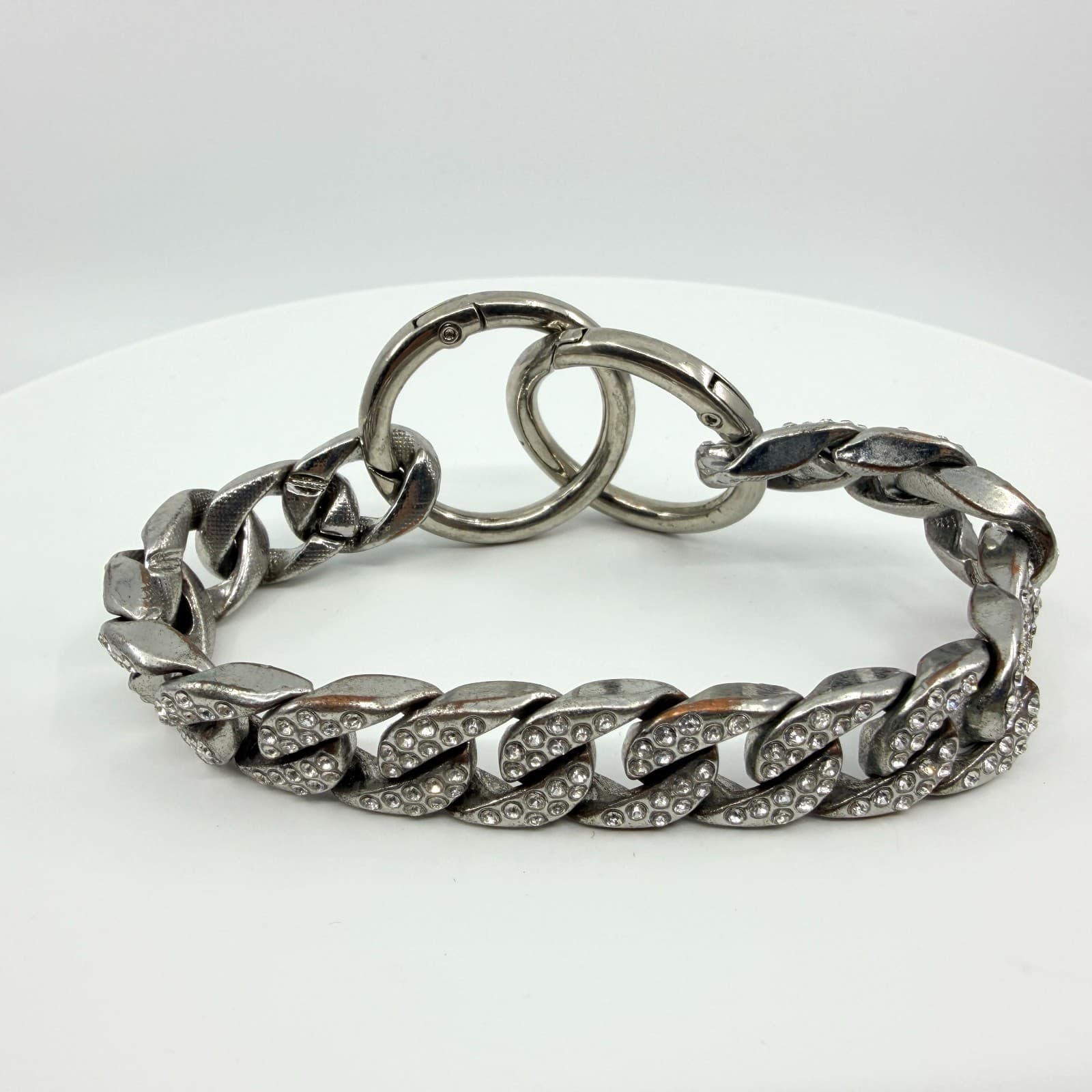 Vintage Silver Tone Chunky Curb Chain Bracelet Clear Rhinestone Pavé Link Y2K
