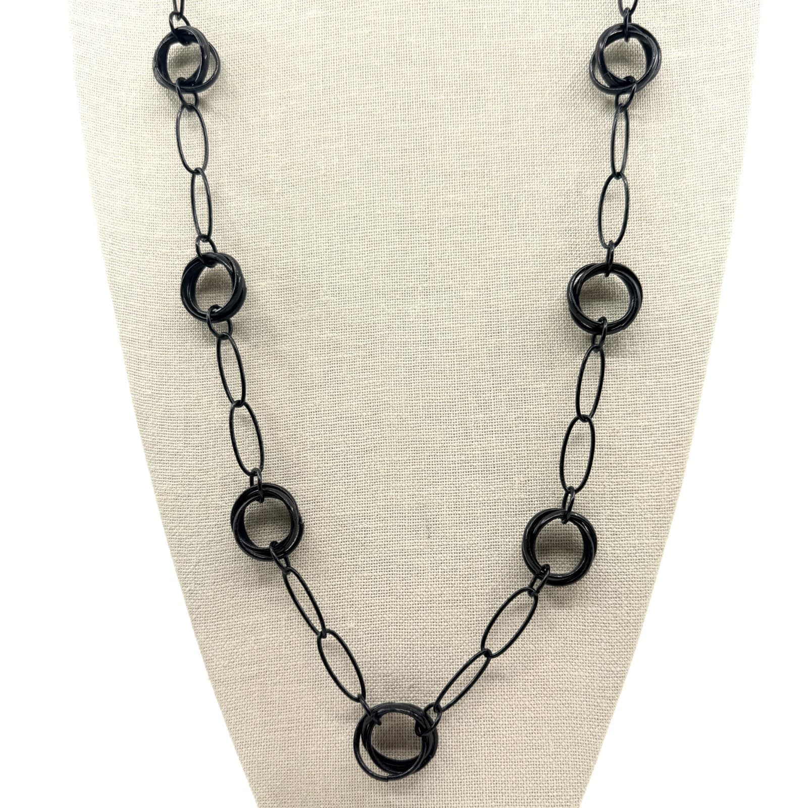 Vintage Black Metal Link Necklace Concentric Circle Ring Station Long Opera Y2K