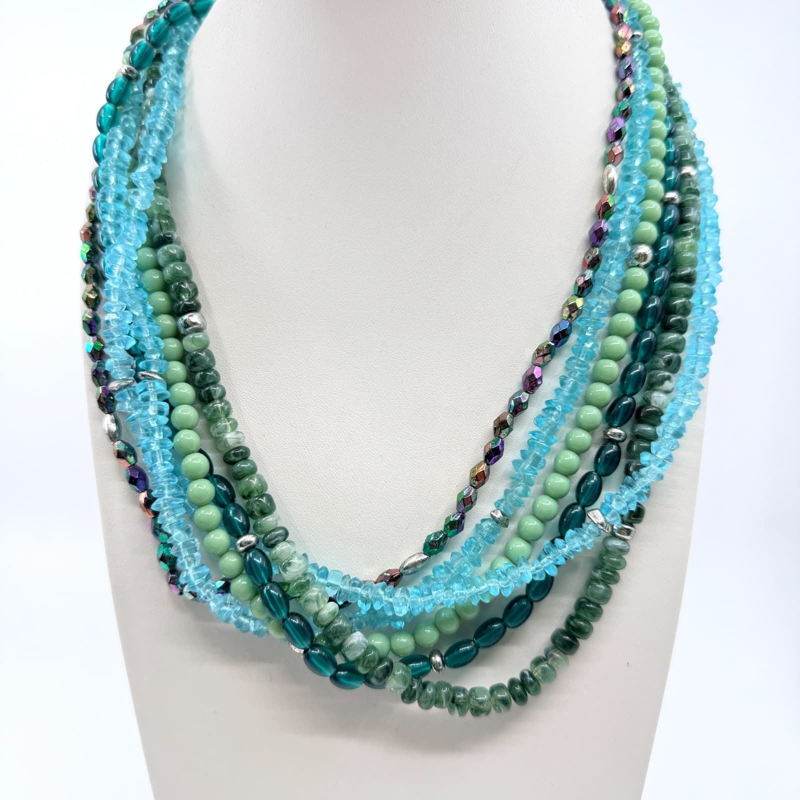 Vintage Y2K Multi Strand Beaded Statement Necklace Teal Aqua Green Chunky Retro