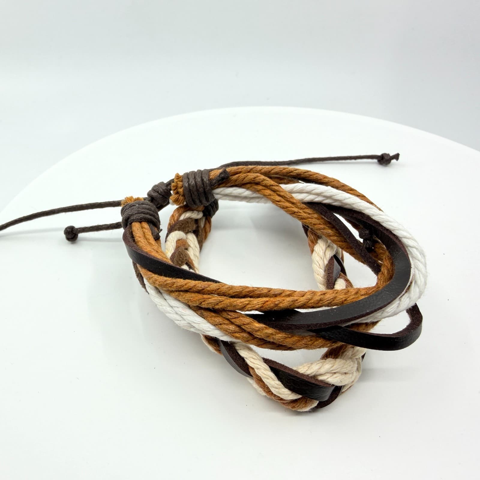 Vintage Boho Multi Strand Leather Rope Bracelet Brown Cream Stacked Unisex Retro