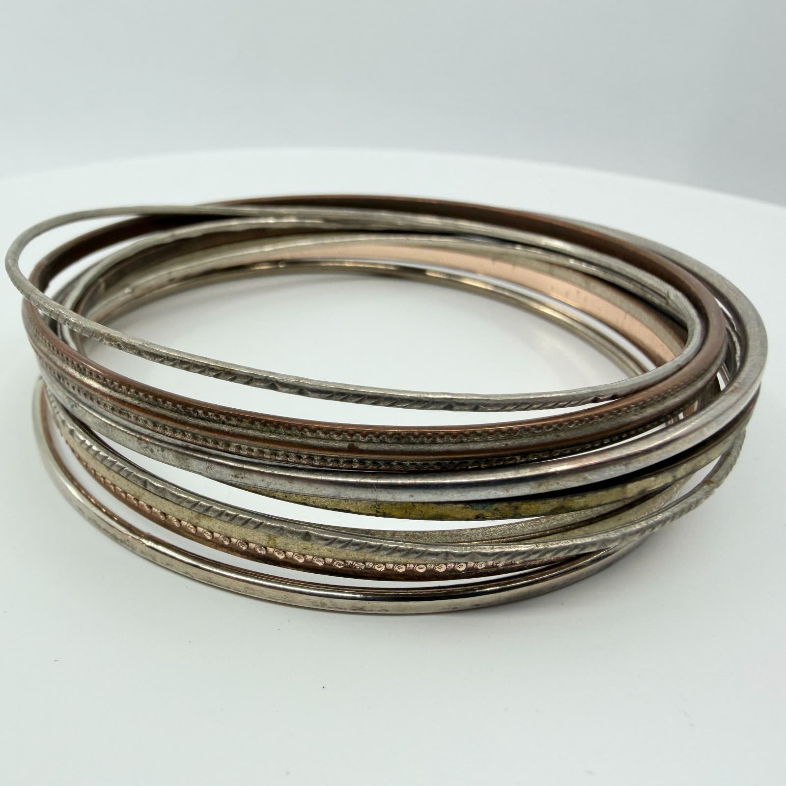 VTG Retro Mixed Metal Stacking Bangle Bracelet Set Tri Tone Textured Geometric