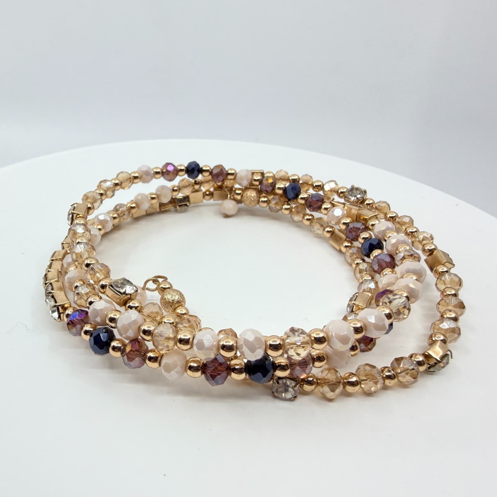 Vintage Y2K Gold Tone Rhinestone Crystal Champagne Beaded Wrap Bracelet Retro