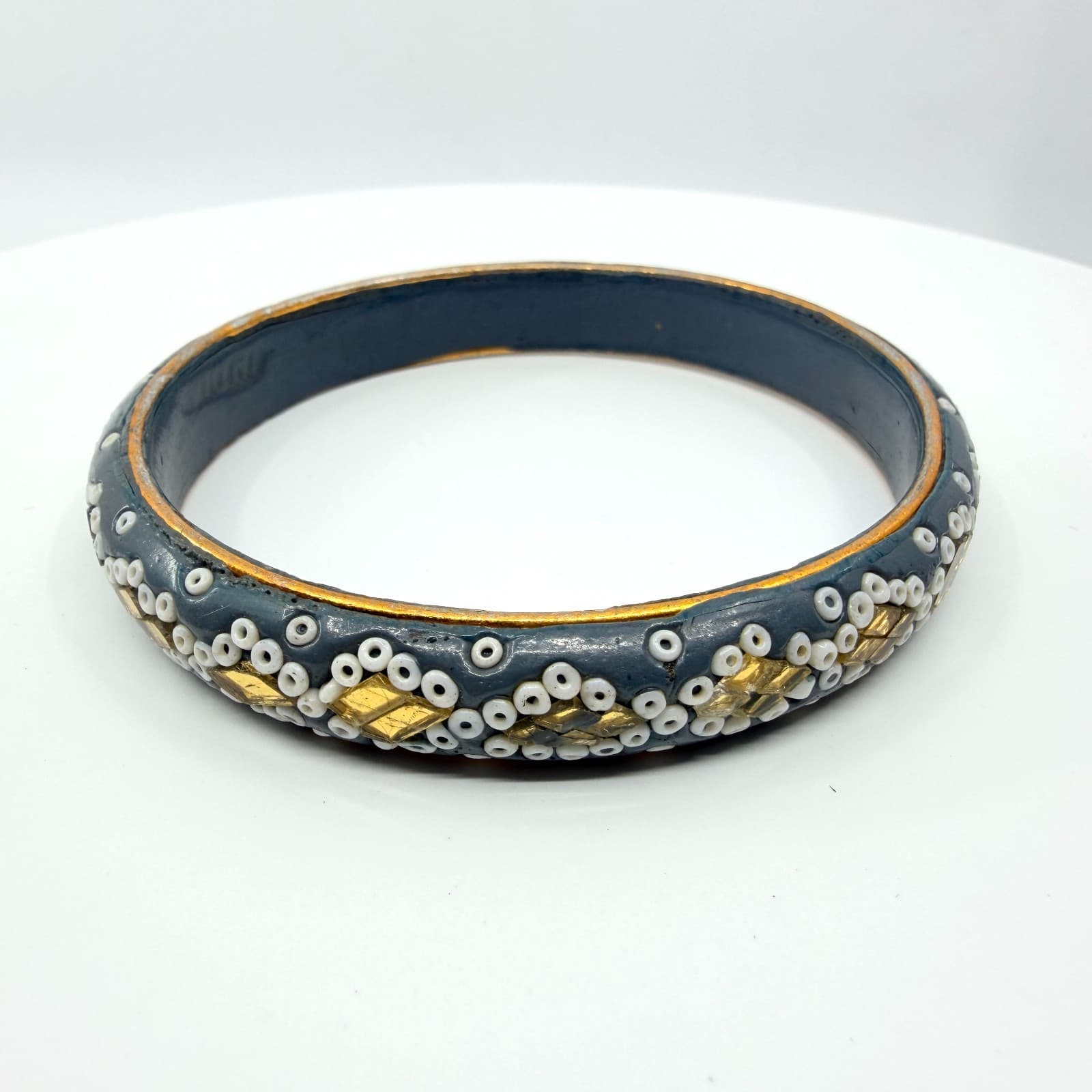 Vintage Lac Resin Bead Bangle Bracelet Grey White Gold Tone Foil Mosaic Boho